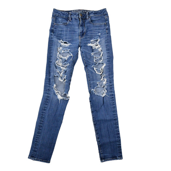 American Eagle Jeans Womens 6 Reg 27x27 Hi-Rise Jegging Distressed Blue Denim - Picture 1 of 12